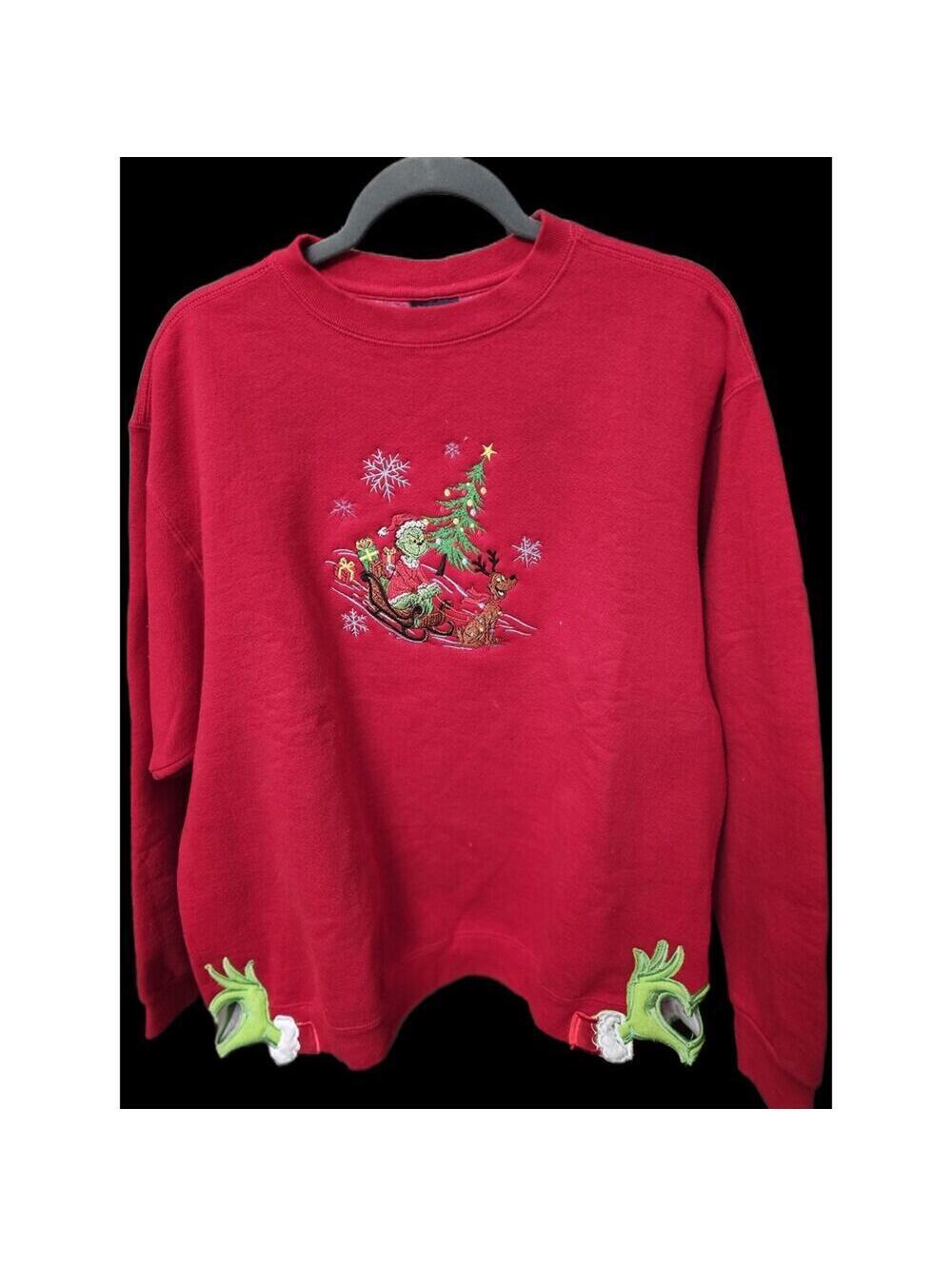 Pluma Outdoors Red Christmas Sweatshirt with Grinch Design and Green Hands 0000